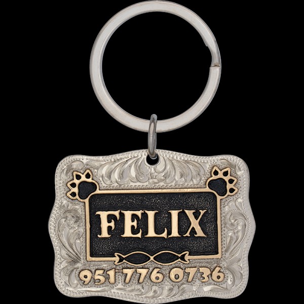 Introducing the Felix Custom Cat Tag! Crafted with German silver base, adorned with jeweler's bronze letters and paws featuring a striking black antique finish. Order now!"